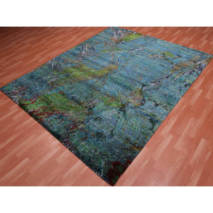 Modern and Contemporary Wool & Silk Hand Knotted Rug Green No Border 8.0X9.10 -O075177