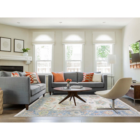 Oushak And Peshawar Wool Hand Knotted Rug Ivory Blue 8.0X9.9 -O075188