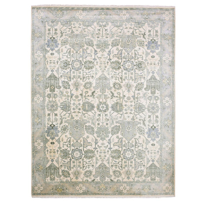 Oushak And Peshawar Silk Hand Knotted Rug Ivory Gray 9.1X12.1 -O075192