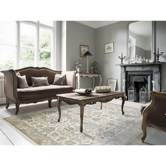 Oushak And Peshawar Silk Hand Knotted Rug Ivory Gray 9.1X12.1 -O075192