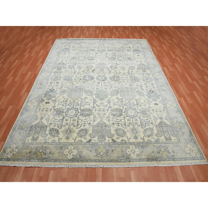 Oushak And Peshawar Silk Hand Knotted Rug Ivory Gray 9.1X12.1 -O075192