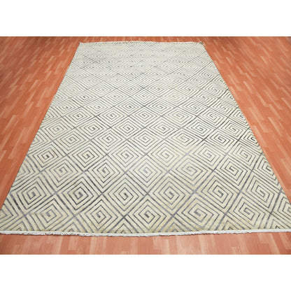 Modern and Contemporary Silk Hand Knotted Rug Ivory No Border 9.10X14.1 -O075220