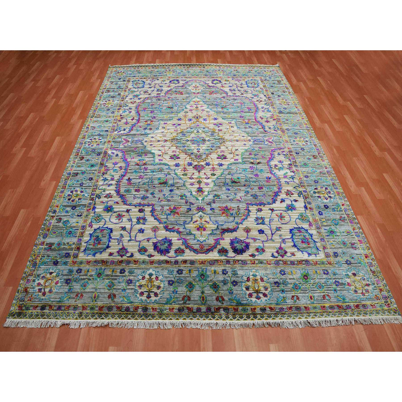 Fine Oriental Silk Hand Knotted Rug Grey Gray 8.8X12.0 -O075233