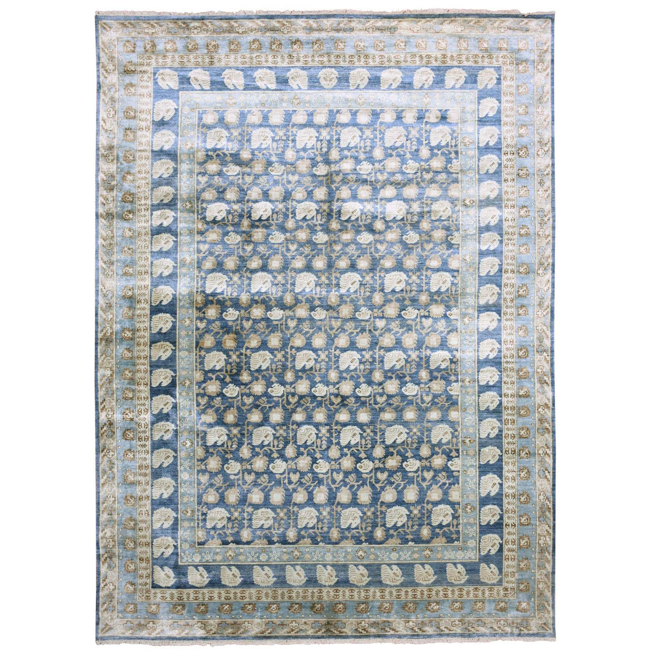Blue 8'9" x 12'0" Khotan and Samarkand Denim Hand knotted Silk Rug - Sku: O075242