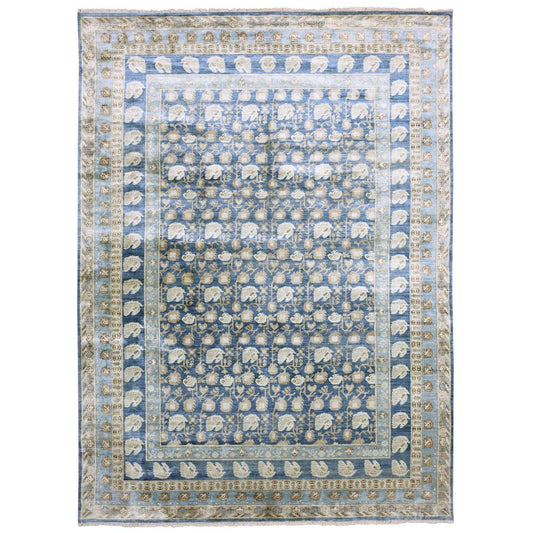 Khotan and Samarkand Silk Hand Knotted Rug Blue Denim Blue 8.9X12.0 -O075242