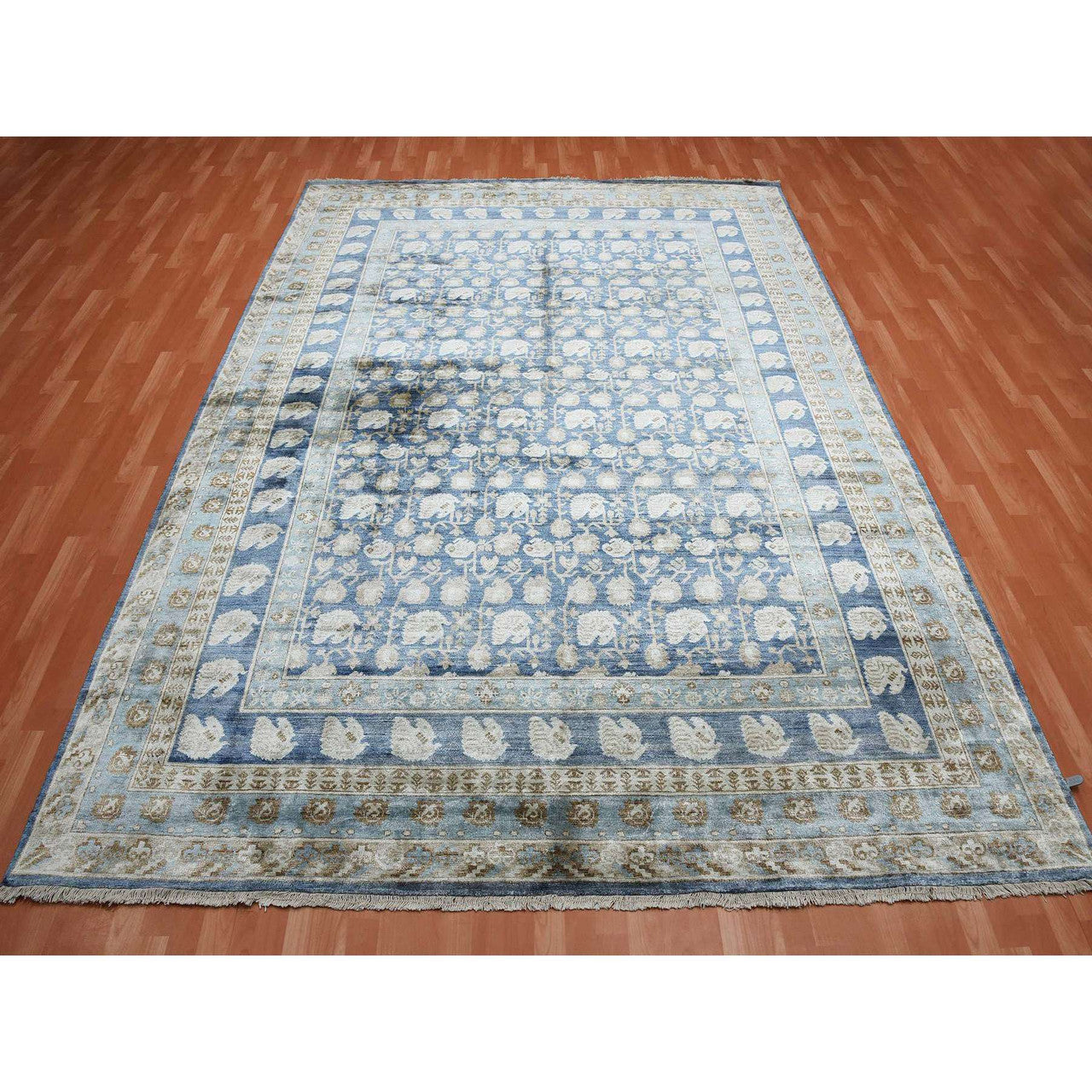 Blue 8'9" x 12'0" Khotan and Samarkand Denim Hand knotted Silk Rug - Sku: O075242