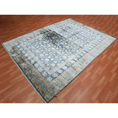 Khotan and Samarkand Silk Hand Knotted Rug Blue Denim Blue 8.9X12.0 -O075242