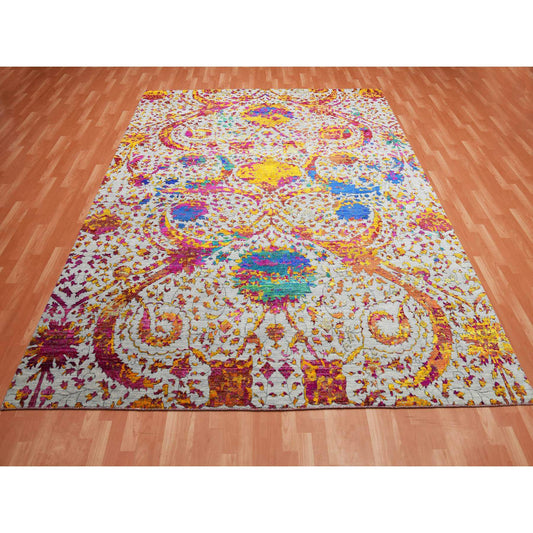 Transitional Wool & Silk Hand Knotted Rug Yellow No Border 9.0X12.0 -O075243