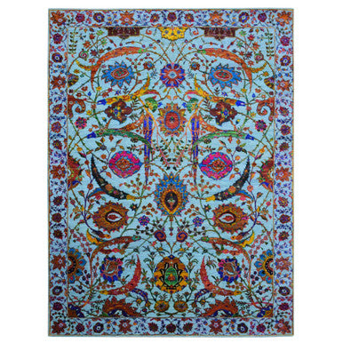 Fine Oriental Silk Hand Knotted Rug Blue Light Blue 9.0X12.2 -O075245