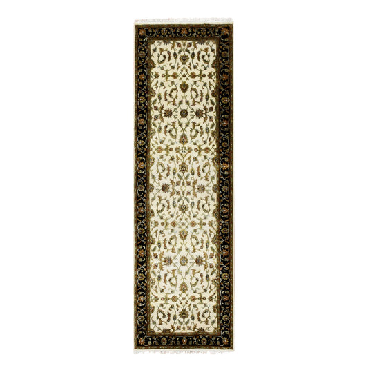 Rajasthan Wool & Silk Hand Knotted Rug Ivory Black 2.6X8.2 -O075277