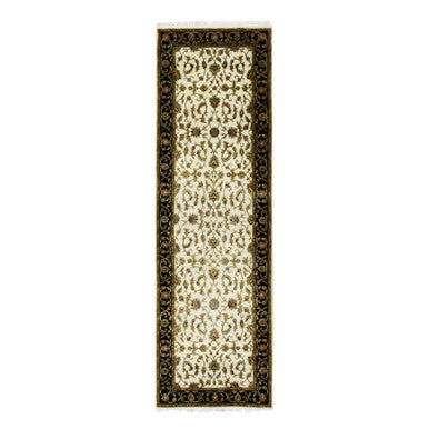 Rajasthan Wool & Silk Hand Knotted Rug Ivory Black 2.6X8.2 -O075277