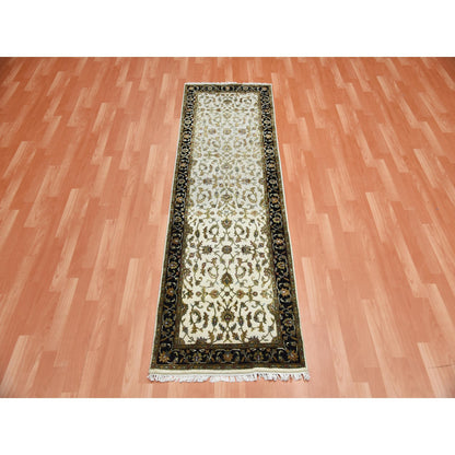 Rajasthan Wool & Silk Hand Knotted Rug Ivory Black 2.6X8.2 -O075277