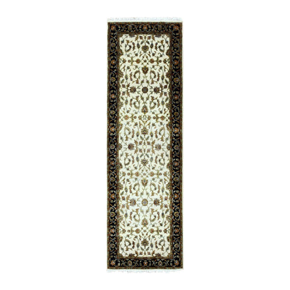 Rajasthan Wool & Silk Hand Knotted Rug Ivory Black 2.6X8.2 -O075278