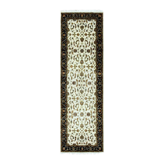 Rajasthan Wool & Silk Hand Knotted Rug Ivory Black 2.6X8.2 -O075278