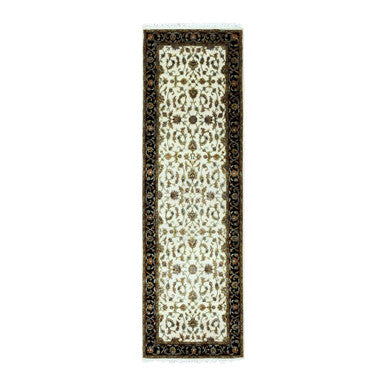 Rajasthan Wool & Silk Hand Knotted Rug Ivory Black 2.6X8.2 -O075278