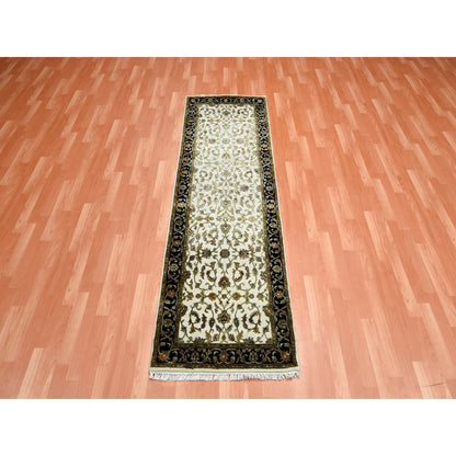 Rajasthan Wool & Silk Hand Knotted Rug Ivory Black 2.6X8.2 -O075278