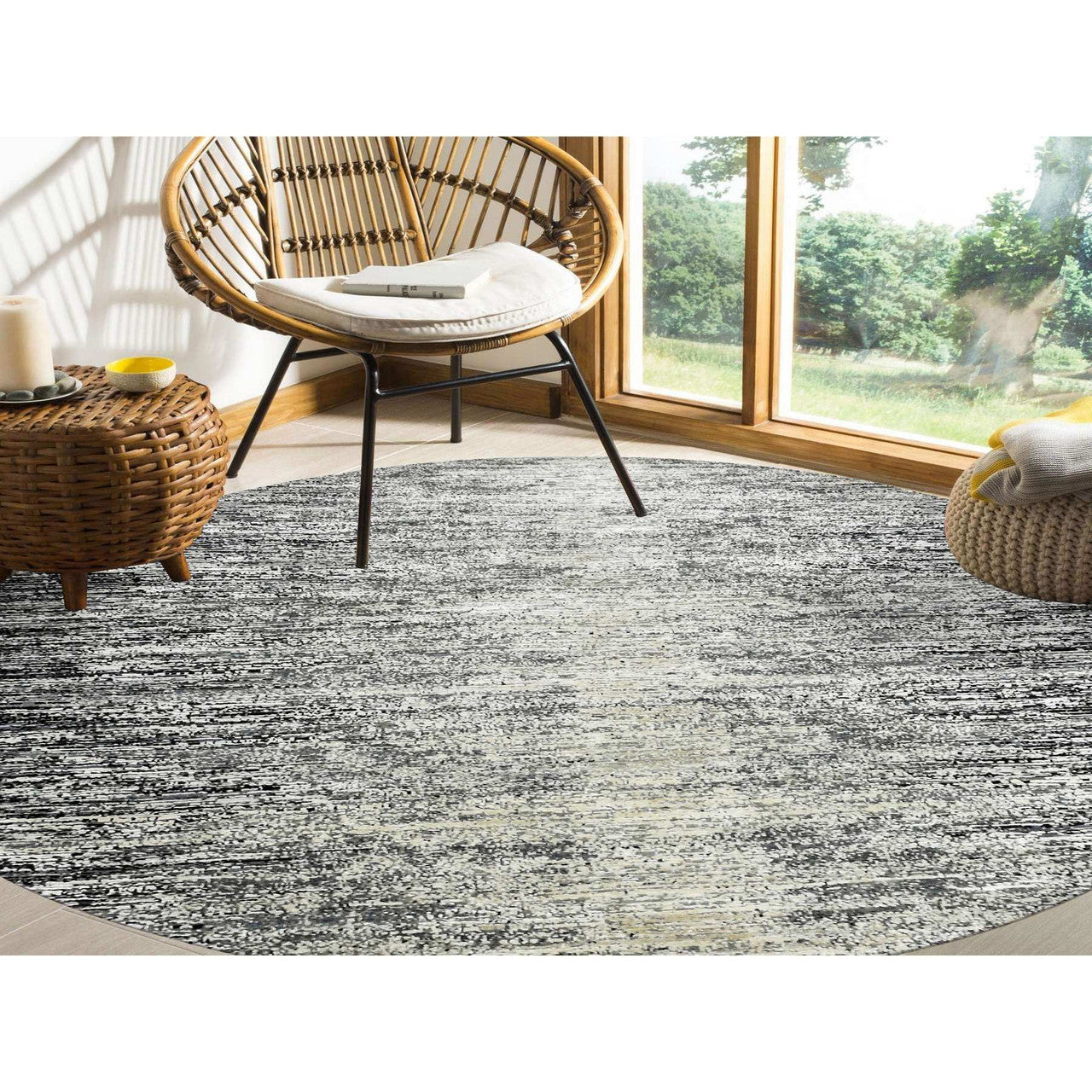 Modern and Contemporary Wool & Silk Hand Knotted Rug Black No Border 8.0X8.0 -O075287