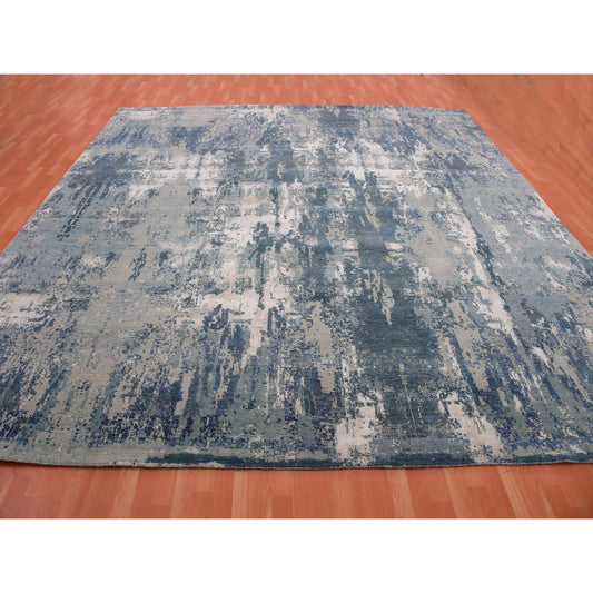 Modern and Contemporary Wool & Silk Hand Knotted Rug Blue No Border 11.11X12.0 -O075333