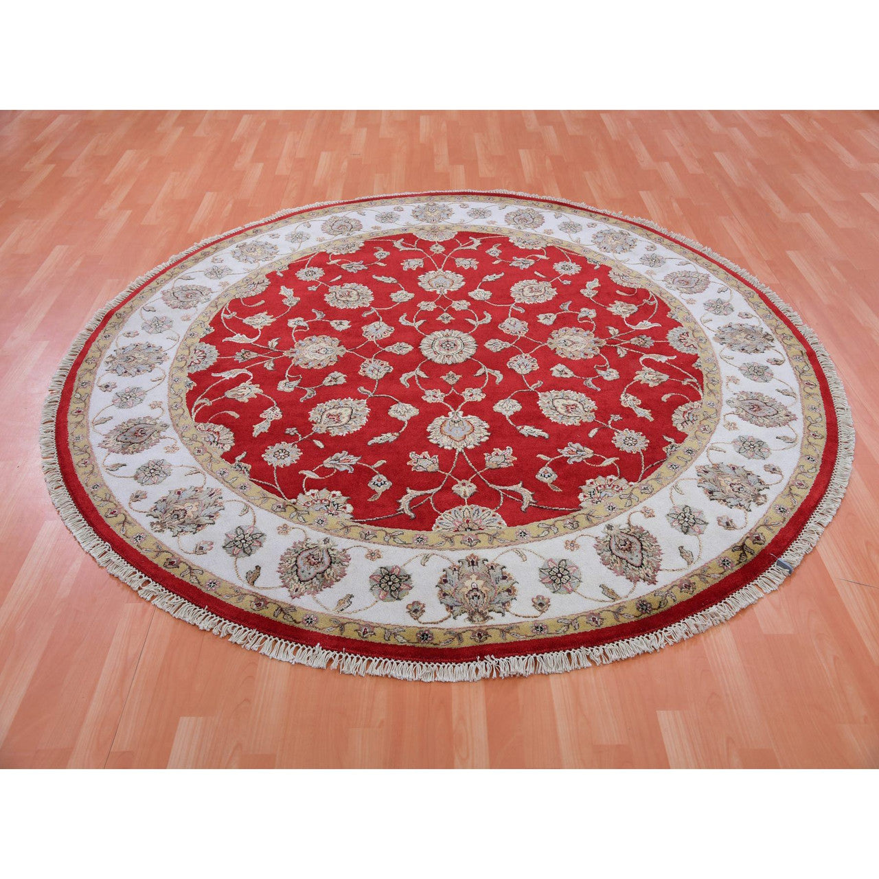 Rajasthan Wool Hand Knotted Rug Red Ivory 7.10X7.11 -O075354