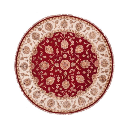 Rajasthan Wool Hand Knotted Rug Red Cream 7.11X7.11 -O075356