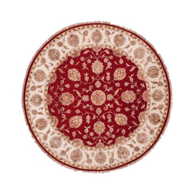 Rajasthan Wool Hand Knotted Rug Red Cream 7.11X7.11 -O075356