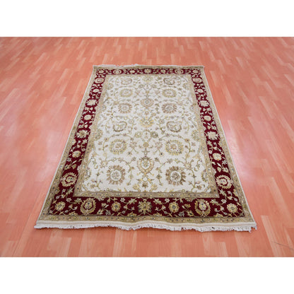 Rajasthan Wool Hand Knotted Rug Ivory Red 4.10X7.3 -O075363