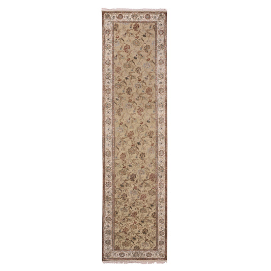 Rajasthan Wool Hand Knotted Rug Green Ivory 3.0X12.1 -O075379