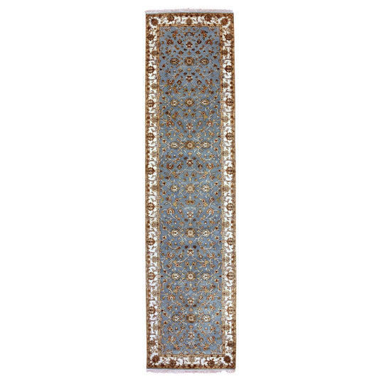 Rajasthan Wool Hand Knotted Rug Blue Ivory 3.0X12.2 -O075380