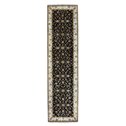 Rajasthan Wool Hand Knotted Rug Black Ivory 3.1X12.2 -O075381