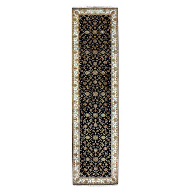 Rajasthan Wool Hand Knotted Rug Black Ivory 3.1X12.2 -O075381