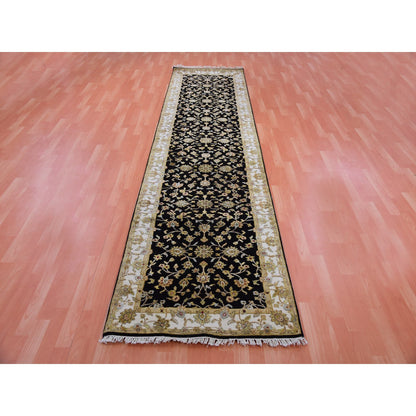 Rajasthan Wool Hand Knotted Rug Black Ivory 3.1X12.2 -O075381