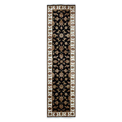Rajasthan Wool & Silk Hand Knotted Rug Black Ivory 2.6X10.0 -O075383