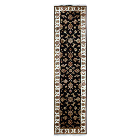 Rajasthan Wool & Silk Hand Knotted Rug Black Ivory 2.6X10.0 -O075383