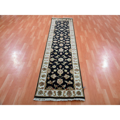 Rajasthan Wool & Silk Hand Knotted Rug Black Ivory 2.6X10.0 -O075383