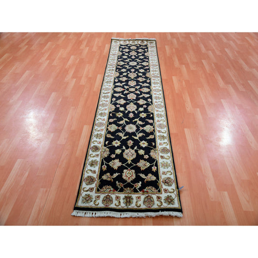Rajasthan Wool & Silk Hand Knotted Rug Black Ivory 2.6X10.0 -O075383