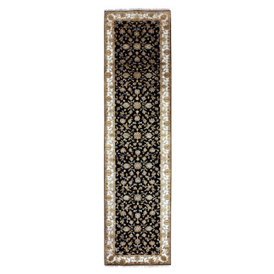 Rajasthan Wool Hand Knotted Rug Black Ivory 3.1X12.2 -O075384