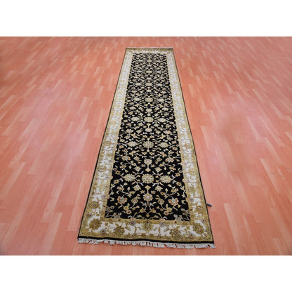 Rajasthan Wool Hand Knotted Rug Black Ivory 3.1X12.2 -O075384