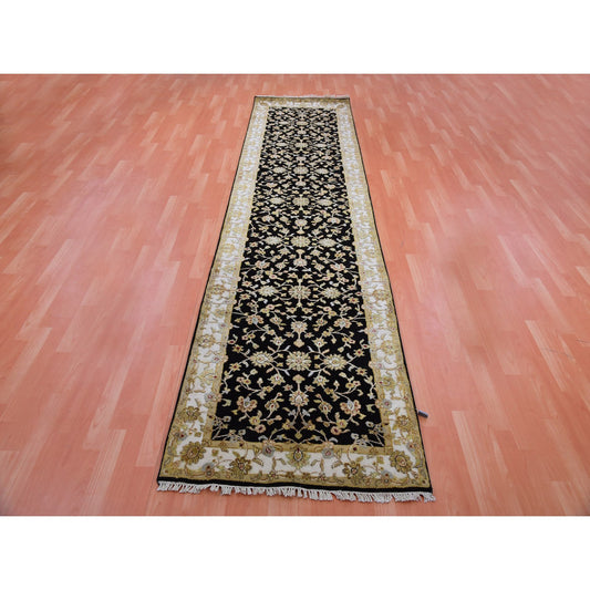 Rajasthan Wool Hand Knotted Rug Black Ivory 3.1X12.2 -O075384