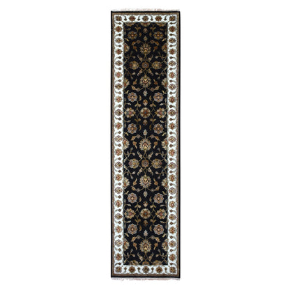 Rajasthan Wool Hand Knotted Rug Black Ivory 2.6X10.0 -O075386