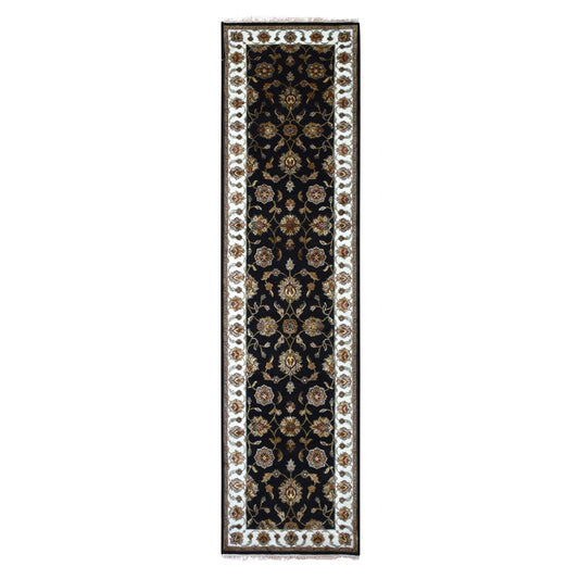 Rajasthan Wool Hand Knotted Rug Black Ivory 2.6X10.0 -O075386