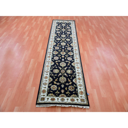 Rajasthan Wool Hand Knotted Rug Black Ivory 2.6X10.0 -O075386