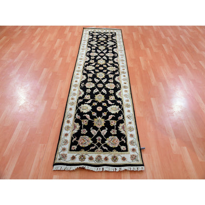 Rajasthan Wool & Silk Hand Knotted Rug Black Ivory 2.7X9.10 -O075388