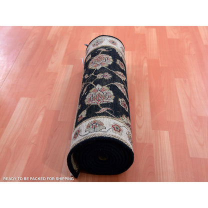 Rajasthan Wool & Silk Hand Knotted Rug Black Ivory 2.7X9.10 -O075388