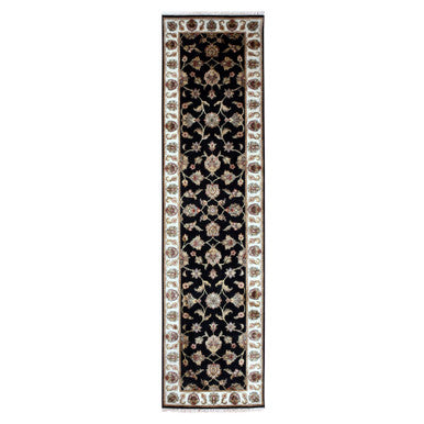 Rajasthan Wool Hand Knotted Rug Black Ivory 2.6X9.10 -O075389