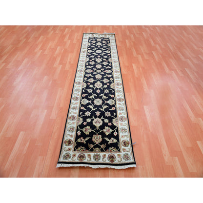 Rajasthan Wool Hand Knotted Rug Black Ivory 2.6X9.10 -O075389