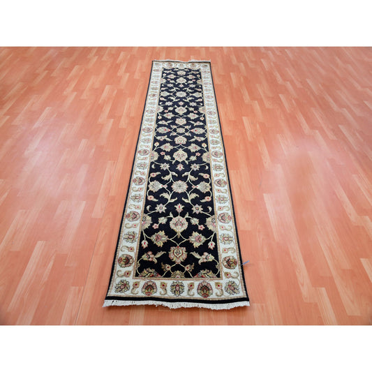 Rajasthan Wool Hand Knotted Rug Black Ivory 2.6X9.10 -O075389