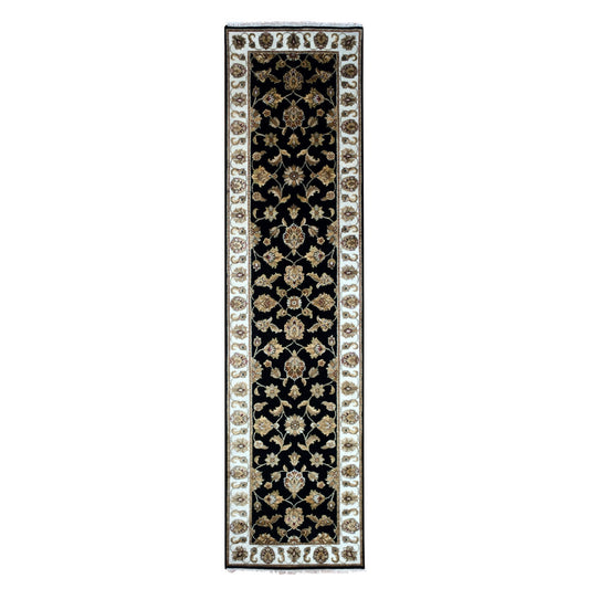 Rajasthan Wool Hand Knotted Rug Black Ivory 2.5X9.11 -O075390