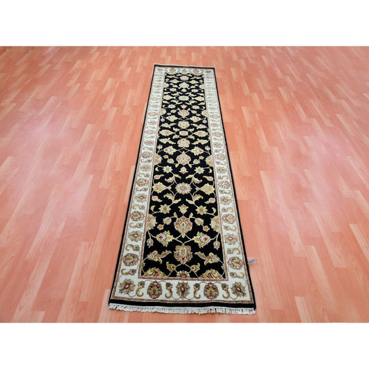 Rajasthan Wool Hand Knotted Rug Black Ivory 2.5X9.11 -O075390