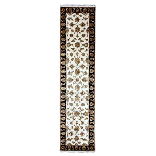 Rajasthan Wool & Silk Hand Knotted Rug Ivory Black 2.5X10.1 -O075394
