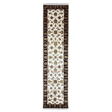 Rajasthan Wool & Silk Hand Knotted Rug Ivory Black 2.5X10.1 -O075394